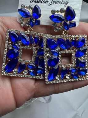 Fashion Jewelry Cobalt Blue Crystal Drop Statement Earrings